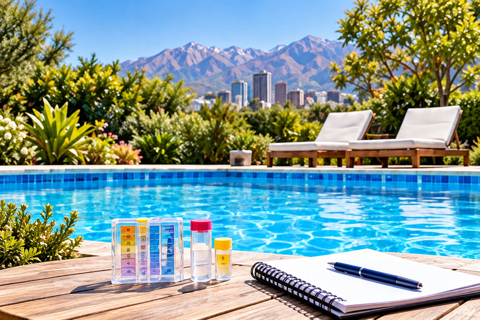Kit para medir el agua y cuaderno junto a una piscina en Santiago