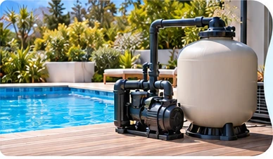 Bomba y filtro instalados junto a una piscina